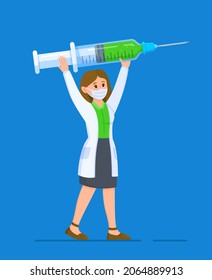 Vector illustration of doctor syringe. A nurse standing with a large syringe in her hands. Giving a vaccination. Coronavirus vaccination. Pandemic concept. From viruses.