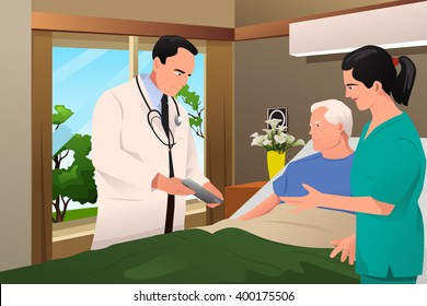 A vector illustration of doctor talking to his patient at the hospital