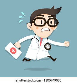 Vector Illustration, Doctor tiny character running with first aid box