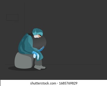 Vector Illustration Of Doctor Tired Or Exhausted.The Woman Doctor Siting And Using Smart Phone.She May Be Sad,worried Or Scared.Concept Of  Medical Front Line Health Workers During Covid 19 Outbreak. 