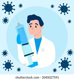 Vector illustration doctor with vaccine for coronavirus 2019-nCoV. Coronavirus medical vaccine syringe injection. Stop corona virus. Fight corona virus. defend from corona virus.