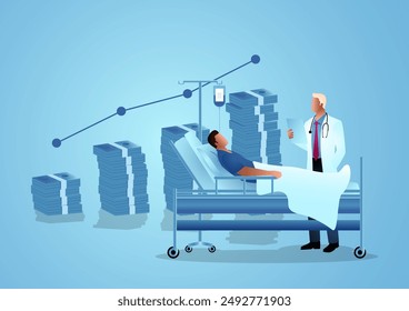 Ilustración vectorial de un doctor visitando a un paciente con un gráfico de barras en aumento hecho de pilas de dinero en el fondo, simbolizando el creciente costo de la salud