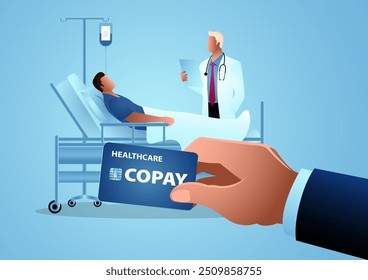 Vector illustration of a doctor visiting a patient, with a hand holding a copay card prominently in the foreground. Ideal for healthcare, insurance, medical services, and patient care costs contents