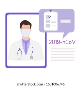 Vector illustration Doctor wearing breathing mask to protect from 2019-nCoV talks about Chinese corona virus ncov. China pathogen respiratory coronavirus SARS pandemic risk alert Design for web, print