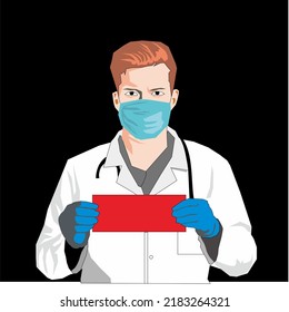 vector illustration of a doctor wearing a mask and holding a red paper. Doctors urge people to keep their distance and wash their hands