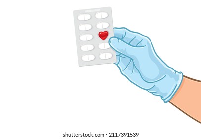 Vector illustration of doctor wears medical gloves,holding many white pill in clear blister pack,one red heart shaped pill,heart disease medication,love potion,on white.Good health,happy Valentines.