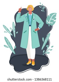 Vector illustration of doctor woman in night time. Female character, medical and health concept on dark background.