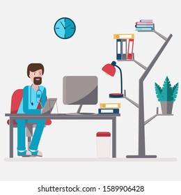 Vector illustration.
The doctor works on the tablet, in the office. The concept of health and modern technology in the form of online medical consultations. For web banner, infographic.
