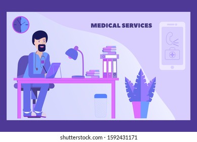 Vector illustration.
The doctor works on the tablet, in the office. The concept of health, medical care and modern technology in the form of online medical consultations. 
