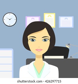Vector illustration of doctor at workspace in flat style. Young beautiful woman at clinic. Fully editable file for your different projects.
