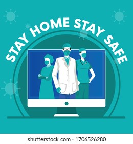 Vector illustration of doctors with blue background symbolizing working from home with stay home stay safe text