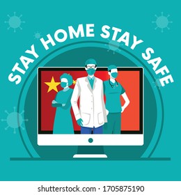 Vector illustration of doctors with Chinese flag in the background symbolizing working from home with stay home stay safe text