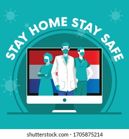 Vector illustration of doctors with Croatia flag in the background symbolizing working from home with stay home stay safe text