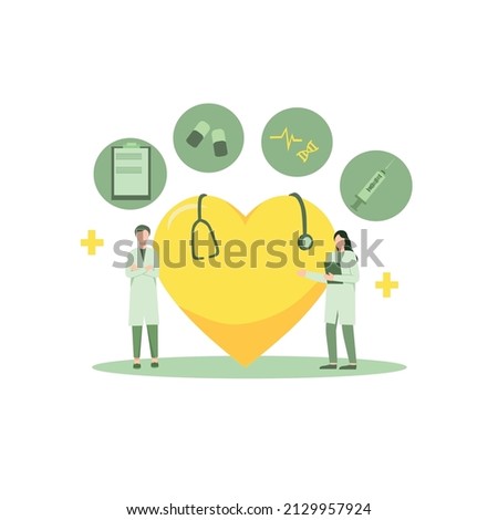 Vector illustration Doctors, general practitioners working. Professional clinic examination of giant heart, hospital equipment and tools. Medicine and healthcare concept. 