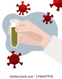 Vector illustration. Doctor's hand holding a test tube with green liquid. There are a lot of viruses in the air around in a room.