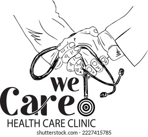 Vector illustration of a doctor's hand holding a stethoscope, clinic monogram, hospital emblem, stethoscope clipart symbol, and silhouette. 