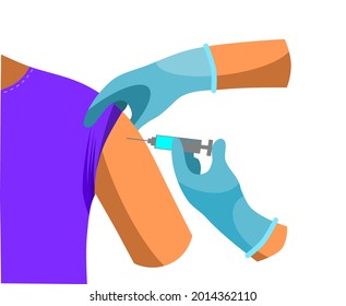 Vector illustration of a doctor's hand vaccinating a patient's shoulder on a white background.