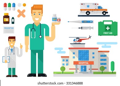 Vector illustration with doctors, hospital, helicopter, ambulance, first aid box, medicine, etc. Flat style illustrations. Elements for infographic.  