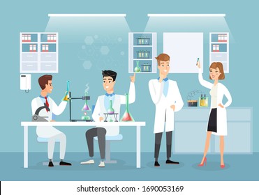 Vector illustration of doctors in medical lab making vaccine. Scientists, Coronavirus, immunization concept in flat cartoon style.