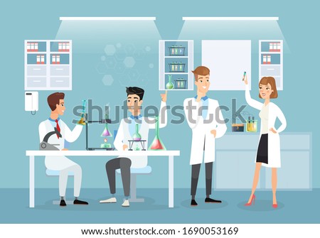 Vector illustration of doctors in medical lab making vaccine. Scientists, Coronavirus, immunization concept in flat cartoon style.