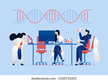 vector illustration of Doctors and professors work together at a table, using DNA based experiments in the laboratory to discover cures and improve medical treatments for various diseases