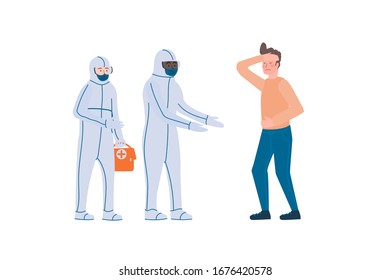 Vector illustration of doctors in protective clothes isolated on white. Medical worker wearing protection from urban air pollution, airborne diseases like coronavirus meet the person with desease for
