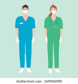Vector illustration of doctors standing in white medical masks and gloves. Medic team design concept. Male and female hospital workers with stethoscope