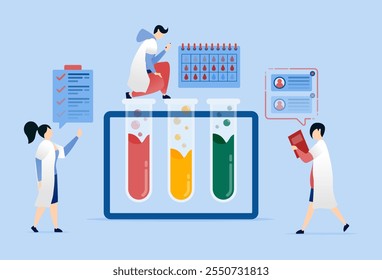 Ilustración vectorial de médicos y estudiantes que comprueban y registran líquidos en tubos de ensayo para crear la mejor fórmula para la medicina y los compuestos químicos en el laboratorio