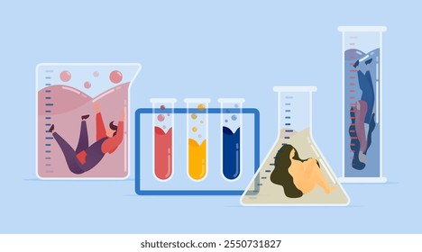 ilustração vetorial de Médicos e alunos realizam experimentos humanos em laboratórios, imersão de líquidos e compostos químicos em copos e tubos de ensaio para desenvolver soluções de tratamento