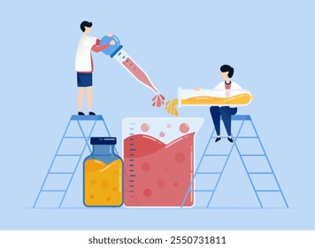 vector illustration of Doctors and students mixing liquids for medicine and experiments in a beaker glass for educational and media purposes in a laboratory setting