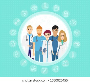 Vector illustration of doctors team. Happy and smile medical workers. Hospital staff in uniform in cartoon flat style. Eps 10