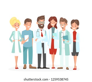 Vector illustration of doctors team. Hospital medical staff team of man and woman doctors nurses surgeon, happy and cute doctors isolated on white background in flat cartoon style.