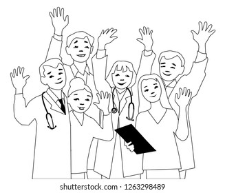 Vector illustration of doctors team waving to camera.