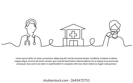 Ilustración vectorial de los médicos que atienden a pacientes hospitalizados. Piso moderno en estilo línea continua.