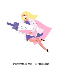 Vector illustration of doctor-superhero in face mask flying with nose drops to help patient. Flat woman doctor with pink cloak isolated on white