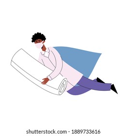 Vector illustration of doctor-superhero in face mask flying with bandage to help patient. Flat afroamerican doctor with blue cloak isolated on white