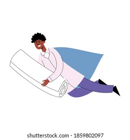 Vector illustration of doctor-superhero flying with bandage to help patient. Flat afroamerican doctor with blue cloak isolated on white