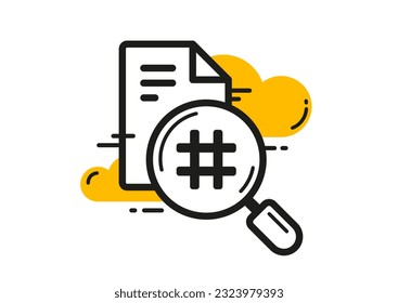 Vector illustration of document analysis and search icon with magnifying glass and hashtag on white color background. Flat line art style design of document in cloud service icon for web, banner