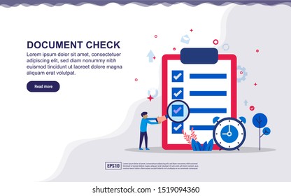 Vector illustration of document check & business report concept with tiny people. Illustration for landing page, social media content, advertising. easy to edit and customize.