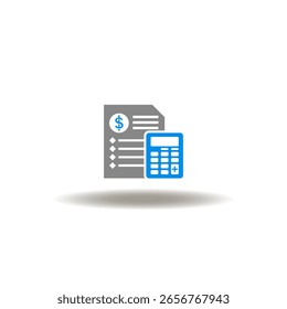 Ilustración vectorial de documento con moneda y calculadora. Símbolo de la estimación de costos.