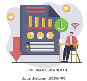 Vector illustration document downloads flat design concept. Document icon and desktop PC. Downloading files concepts, graphic elements for web banners, websites, infographics.
