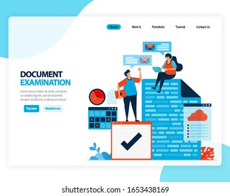 Vector illustration of document examination. checking legal document for recording, taxation, banking. Flat cartoon for landing page, template, ui ux, web, website, mobile app, banner, flyer, brochure