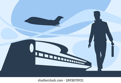 Vector illustration for document flyers banner. Business trip of business people by plane. Arrival at the airport
