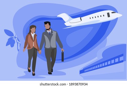 Vector illustration for document flyers banner. Business trip of business people by plane. Arrival at the airport