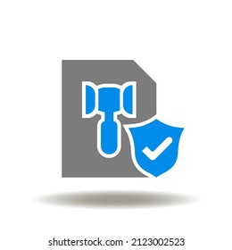 Vector illustration of document list with gavel and shield with check mark. Icon of code of conduct. Symbol of legal verdict. Law regulations sign.