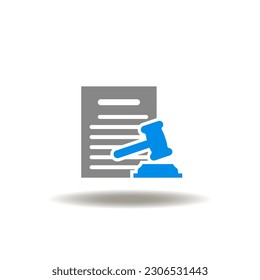 Vector illustration of document list and gavel. Icon of justice, law. Symbol of deportation order. Sign of court decision, verdict.