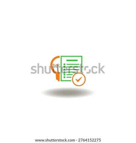 Vector illustration of document list with lightbulb and check mark. Symbol of conclusion.