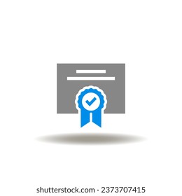 Vector illustration of document list and seal with check mark. Icon of license. Symbol of certificate.