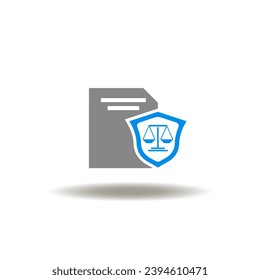 Vector illustration of document list with shield and scales. Icon of code of conduct. Symbol of legal form.