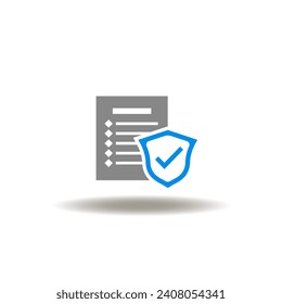 Vector illustration of document list and shield with check mark. Icon of consent. Symbol of law act, codex.